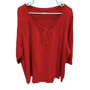 Catherines Womens Blouse Red Long Sleeve Notch Neck Lace Buttons Plus 3X